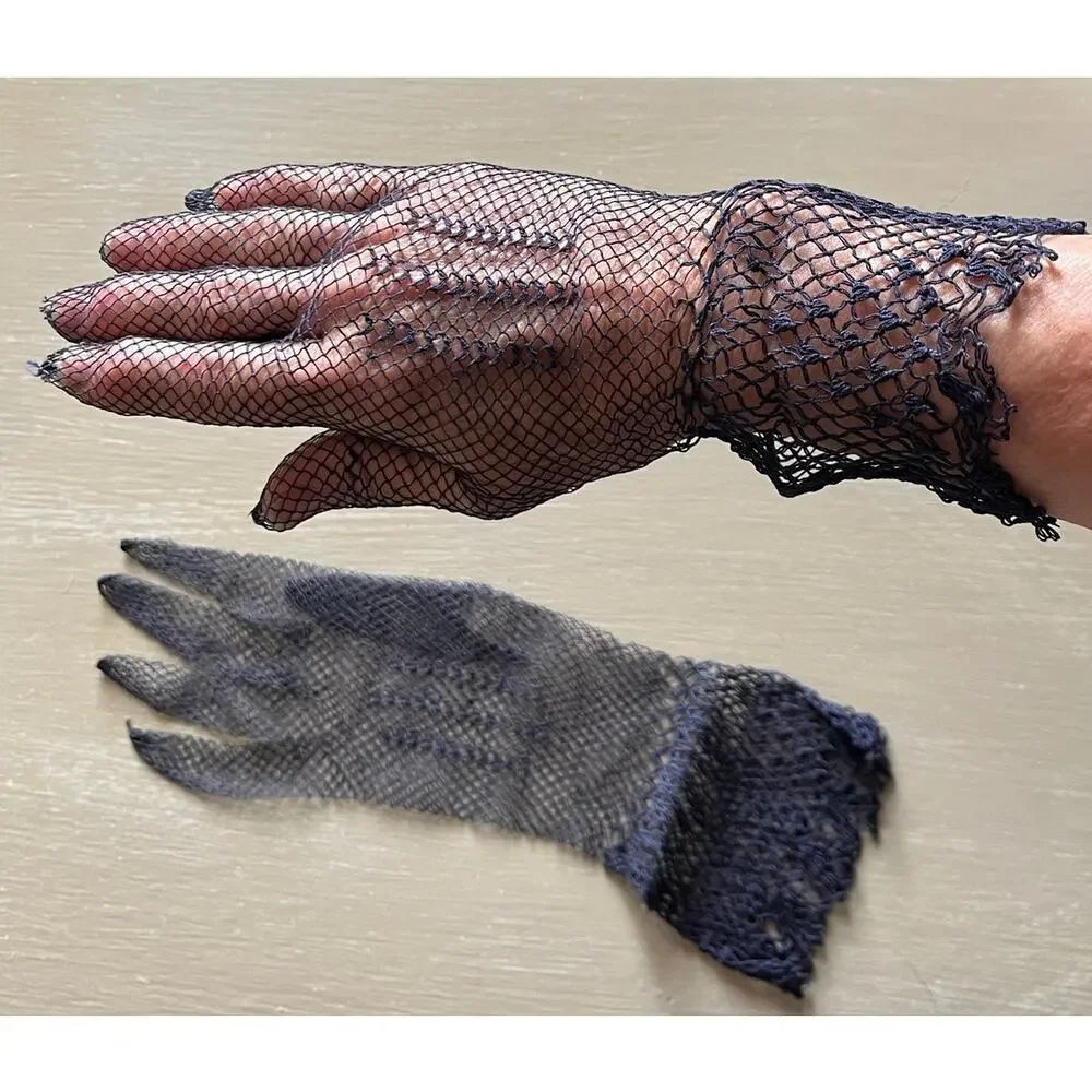 Vintage Navy Blue German-made Fishnet Dress Gloves